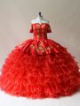 Off The Shoulder Sleeveless Sweet 16 Dresses Floor Length Embroidery and Ruffled Layers Red Organza