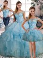 Light Blue Lace Up Off The Shoulder Beading and Ruffles 15th Birthday Dress Organza Sleeveless