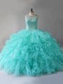 Sleeveless Organza Floor Length Lace Up 15th Birthday Dress in Aqua Blue with Beading and Ruffles