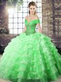 Modern Green Quinceanera Dress Off The Shoulder Sleeveless Brush Train Lace Up