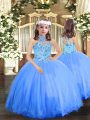 Tulle Halter Top Sleeveless Lace Up Appliques Pageant Dress Toddler in Blue