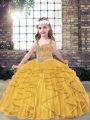 Gold Lace Up Straps Beading and Ruffles Girls Pageant Dresses Tulle Sleeveless