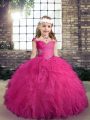 Excellent Fuchsia Straps Lace Up Beading and Ruffles Kids Pageant Dress Sleeveless