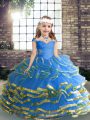 Excellent Blue Lace Up Little Girl Pageant Dress Beading and Ruffled Layers and Ruching Sleeveless Floor Length