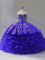 Sleeveless Floor Length Embroidery and Ruffles Lace Up 15th Birthday Dress with Purple Brush Train