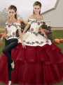 High Quality Off The Shoulder Sleeveless Sweet 16 Dress Brush Train Embroidery and Ruffled Layers Wine Red Tulle