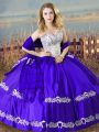 Sweetheart Sleeveless Quince Ball Gowns Floor Length Beading and Embroidery Blue Satin