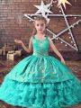 Turquoise Lace Up Straps Embroidery and Ruffled Layers Little Girl Pageant Gowns Satin and Organza Sleeveless
