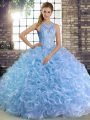 Shining Ball Gowns 15th Birthday Dress Lavender Scoop Fabric With Rolling Flowers Sleeveless Floor Length Lace Up