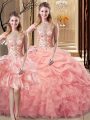 Peach Scoop Neckline Beading and Ruffles Sweet 16 Dresses Sleeveless Lace Up
