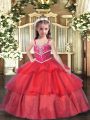 Red Ball Gowns Beading and Ruffled Layers Custom Made Pageant Dress Lace Up Organza Sleeveless Floor Length
