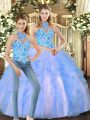 Custom Fit Halter Top Sleeveless Quinceanera Dresses Floor Length Embroidery and Ruffles Multi-color Tulle
