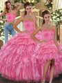 Custom Made Sleeveless Floor Length Ruffled Layers and Pick Ups Lace Up Quinceanera Dress with Rose Pink
