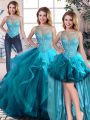 Aqua Blue Three Pieces Beading and Ruffles Quinceanera Gowns Lace Up Tulle Sleeveless Floor Length