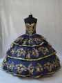 Floor Length Navy Blue Sweet 16 Quinceanera Dress Organza Sleeveless Embroidery and Ruffled Layers