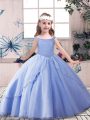 Blue Sleeveless Floor Length Beading Lace Up Little Girl Pageant Gowns