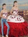 Deluxe Organza Sweetheart Sleeveless Lace Up Embroidery and Ruffles and Bowknot 15 Quinceanera Dress in White And Red
