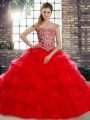 Flirting Lace Up Quinceanera Dress Red for Military Ball and Sweet 16 and Quinceanera with Beading and Pick Ups Brush Train
