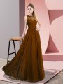 Brown Empire Scoop Sleeveless Chiffon Floor Length Zipper Lace Dress for Prom