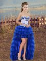 Adorable Royal Blue Lace Up Homecoming Dress Embroidery and Ruffled Layers Sleeveless High Low