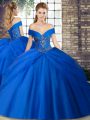 Royal Blue Off The Shoulder Lace Up Beading and Pick Ups Sweet 16 Dresses Brush Train Sleeveless