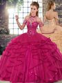 Exquisite Fuchsia Ball Gowns Halter Top Sleeveless Tulle Floor Length Lace Up Beading and Ruffles Quinceanera Gowns