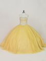 Gold Ball Gowns Beading Quince Ball Gowns Lace Up Tulle Sleeveless Floor Length