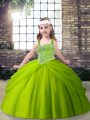 Inexpensive Straps Sleeveless Little Girls Pageant Dress Wholesale Floor Length Beading and Pick Ups Green Tulle