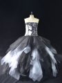White And Black Strapless Neckline Lace and Ruffles Ball Gown Prom Dress Sleeveless Lace Up