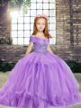 Sweet Straps Sleeveless Kids Pageant Dress Floor Length Beading Lavender Tulle
