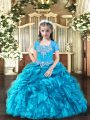 Baby Blue Lace Up Custom Made Pageant Dress Beading and Ruffles Sleeveless Floor Length