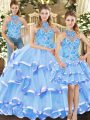 Dramatic Halter Top Sleeveless Organza Quinceanera Gown Embroidery and Ruffled Layers Lace Up