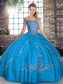 Customized Blue Sleeveless Beading and Embroidery Floor Length 15 Quinceanera Dress