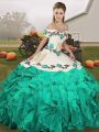 Beauteous Embroidery and Ruffles 15th Birthday Dress Turquoise Lace Up Sleeveless Floor Length