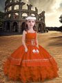 Graceful Straps Sleeveless Pageant Gowns For Girls Floor Length Embroidery and Ruffled Layers Orange Red Satin and Organza