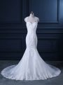 White Backless Bridal Gown Beading and Lace Sleeveless Brush Train
