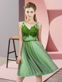 Apple Green Empire Appliques Bridesmaid Gown Lace Up Tulle Sleeveless Knee Length
