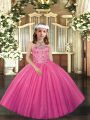 Hot Pink Lace Up Kids Pageant Dress Appliques Sleeveless Floor Length