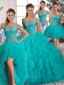 Tulle Off The Shoulder Long Sleeves Brush Train Lace Up Beading and Ruffles Quinceanera Dress in Aqua Blue