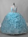 Attractive Sweetheart Sleeveless Brush Train Lace Up Quince Ball Gowns Baby Blue Fabric With Rolling Flowers