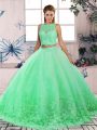 Pretty Sweep Train Two Pieces Ball Gown Prom Dress Turquoise Scalloped Tulle Sleeveless Backless