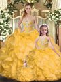 Gold Sweetheart Neckline Beading and Ruffles Quinceanera Gowns Sleeveless Lace Up