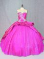 Sweetheart Sleeveless Ball Gown Prom Dress Court Train Beading and Embroidery Hot Pink Satin and Tulle