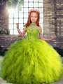 Yellow Green Tulle Lace Up Pageant Dress for Girls Sleeveless Floor Length Beading and Ruffles