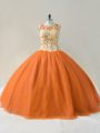Sumptuous Orange Ball Gowns Tulle Scoop Sleeveless Beading and Appliques Floor Length Lace Up Quinceanera Gowns