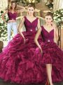 Beautiful V-neck Sleeveless Quinceanera Gowns Floor Length Ruffles and Pick Ups Burgundy Organza