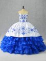 Unique Blue And White Lace Up Quinceanera Gowns Embroidery and Ruffled Layers Sleeveless Floor Length