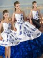 Blue And White Sweetheart Lace Up Embroidery and Ruffles Sweet 16 Dress Sleeveless