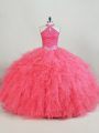 Captivating Ball Gowns 15th Birthday Dress Pink Halter Top Tulle Sleeveless Lace Up
