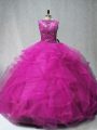Custom Design Ball Gowns Sleeveless Fuchsia Quinceanera Dress Brush Train Lace Up